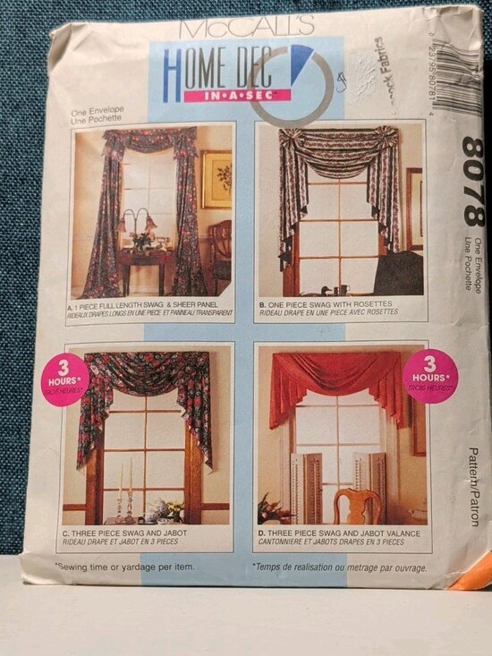 McCall's Other - Vintage 1995 McCalls 8078 Home Dec In A Sec Window Treatment Swag Valance UNCUT